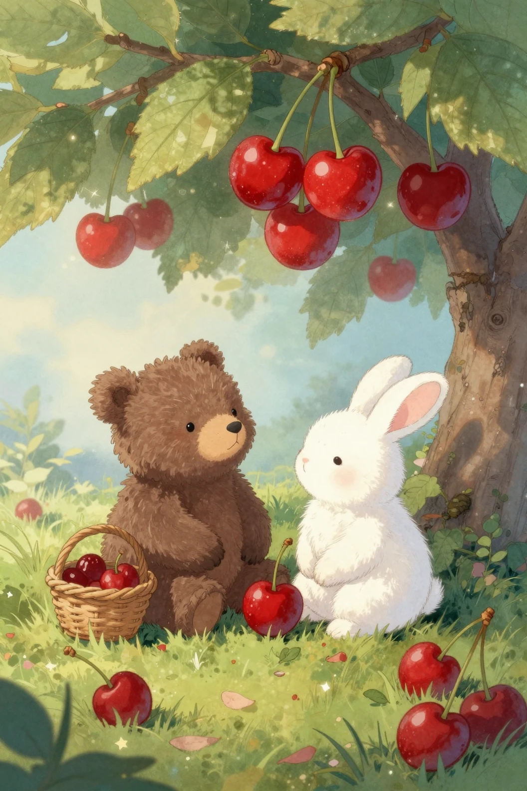 Um filhote de urso e um coelho colhem cerejas debaixo de uma árvore