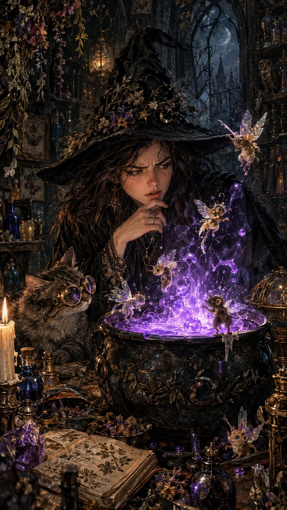 Une jeune sorcière observe une potion violette bouillonnante dans son laboratoire encombré