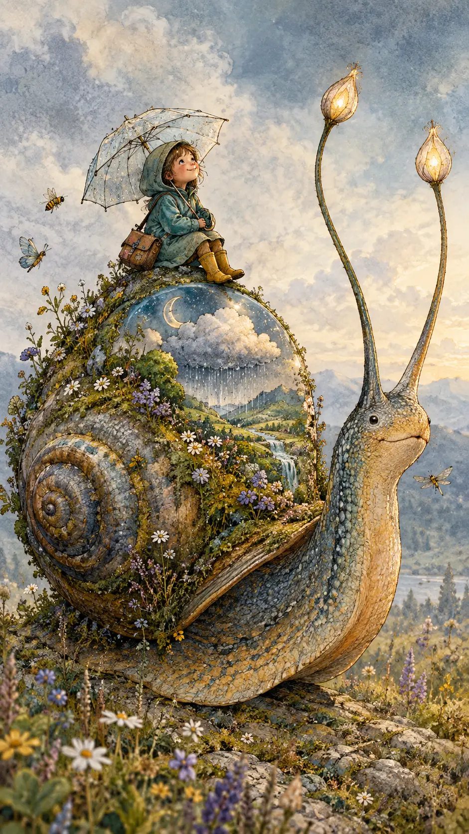 Una gigantesca lumaca porta nel guscio un minuscolo paesaggio da sogno