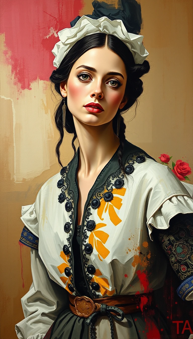Uma mulher encapuzada numa pintura abstrata gestual com vestes do século V