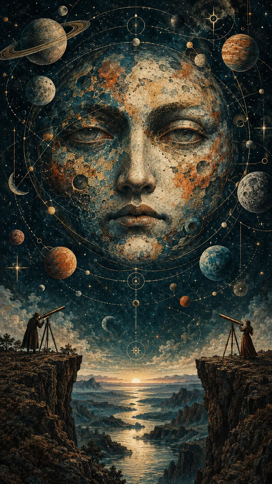 Um imenso rosto celestial suspenso entre trajetórias intricadas no céu da meia-noite