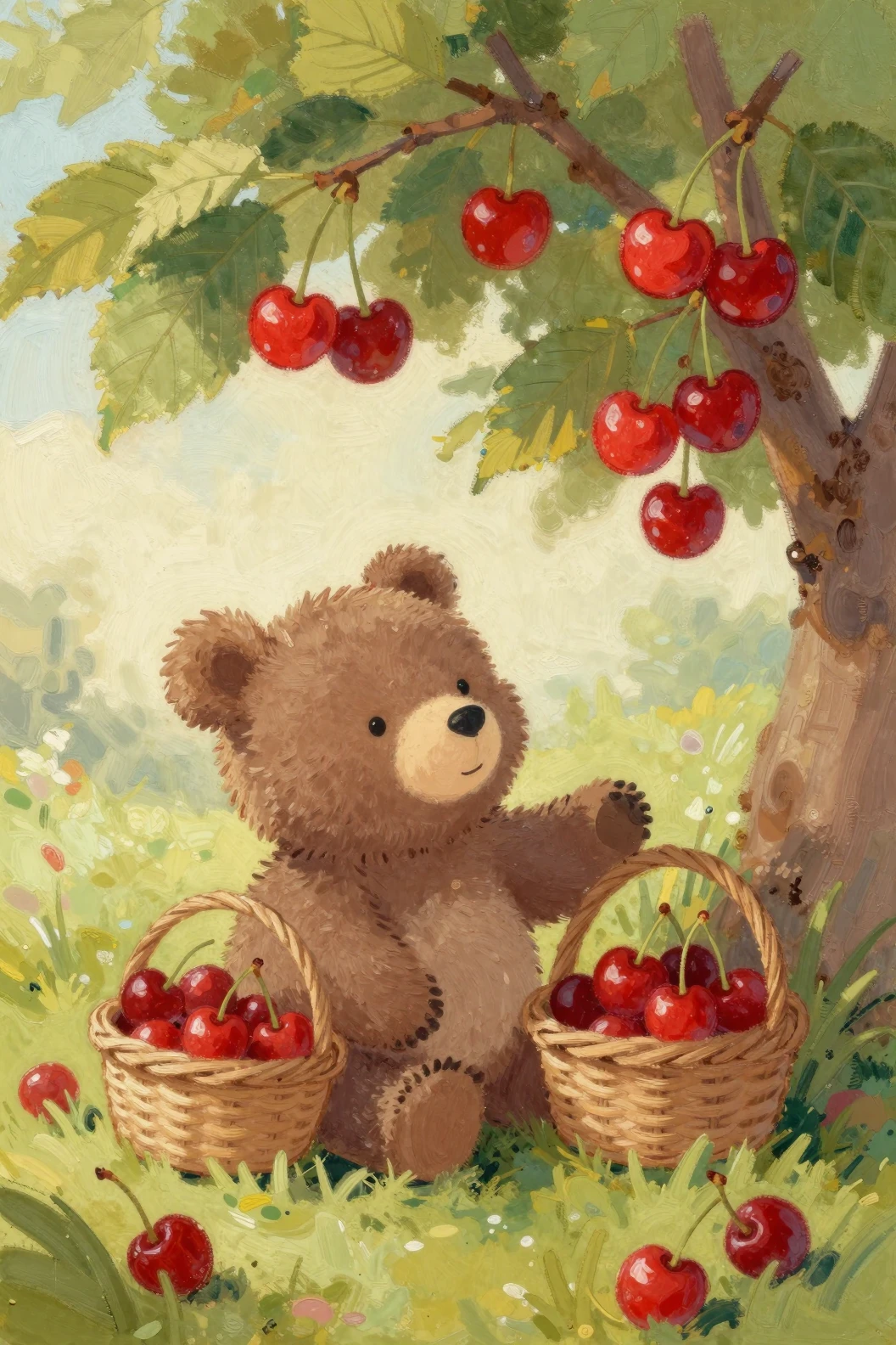 Un cucciolo d'orso raccoglie ciliegie sotto un albero nella luce soffusa