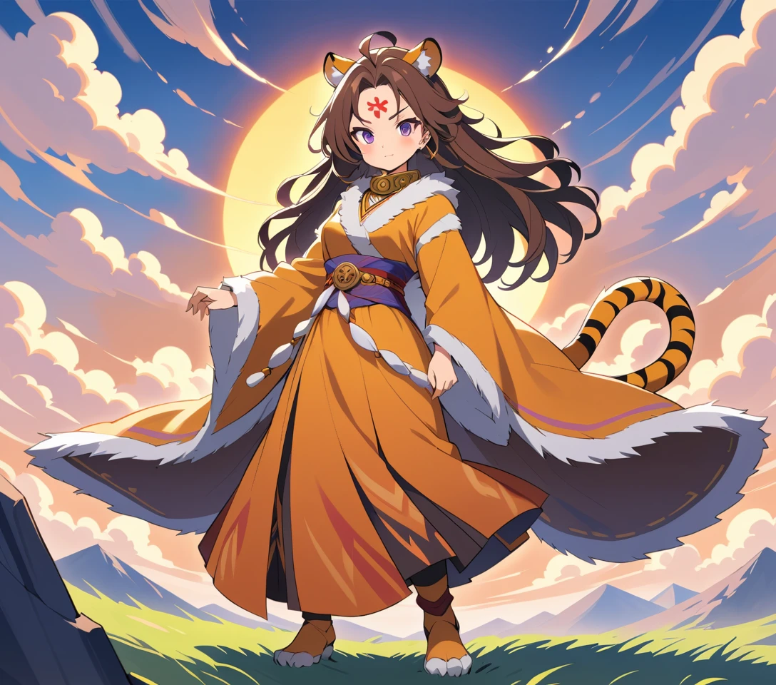 Mujer tigre de anime contempla estepas infinitas bajo un amanecer dorado