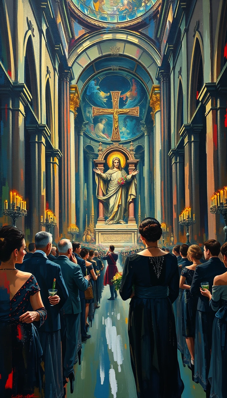 Elegante Gestalten betrachten den Altar in einer prächtigen Kathedrale