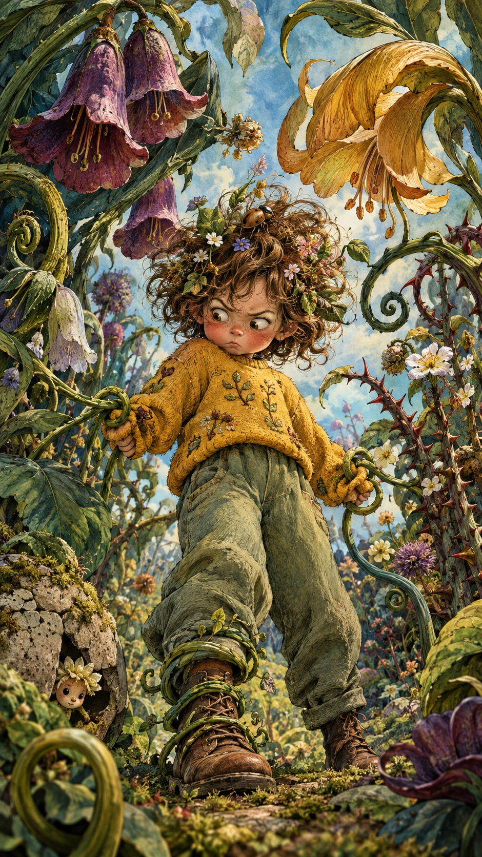 Un bambino del bosco affronta rampicanti dispettosi in un giardino incolto