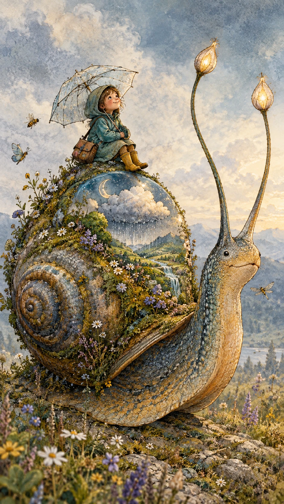 Eine Riesenschnecke trägt eine winzige, traumhafte Landschaft in ihrem Schneckenhaus