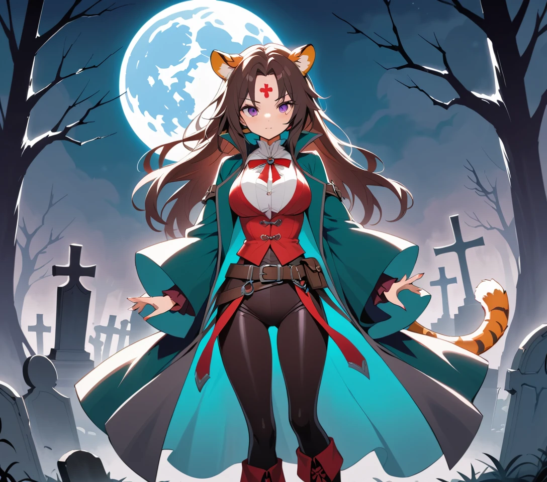Femme-tigre d’anime en chasseuse de vampires dans un cimetière gothique