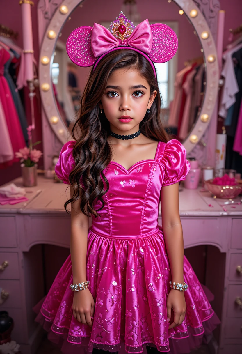 Um rapaz pré-adolescente faz beicinho com um fato de princesa da Minnie Mouse junto a um toucador