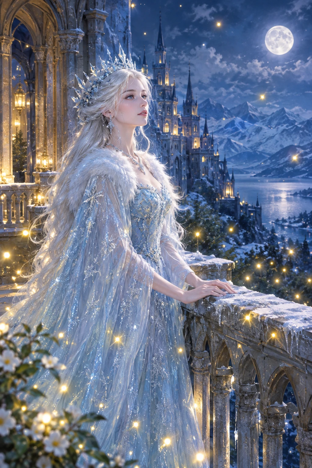 Uma Rainha da Neve surge na varanda de um castelo gelado