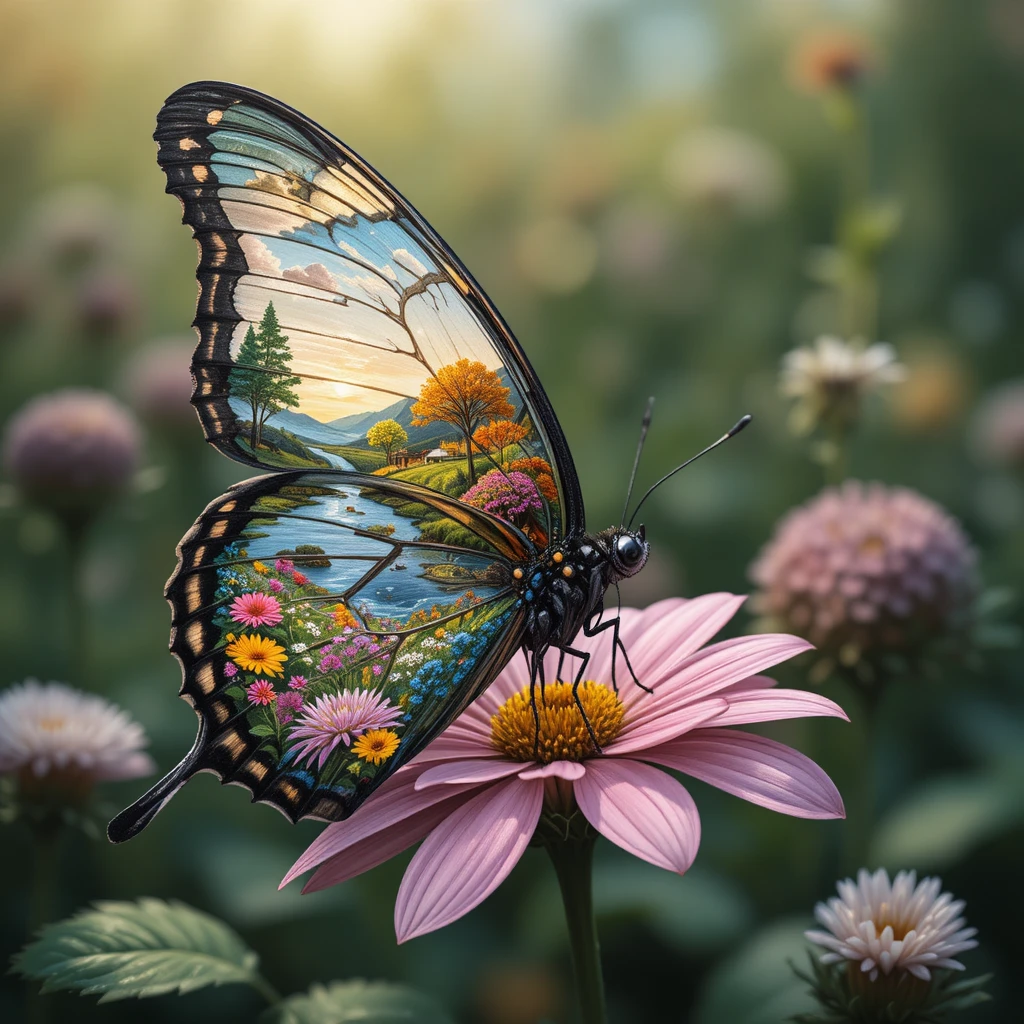 Borboleta vista de lado pousada em uma flor, com paisagens pintadas nas asas