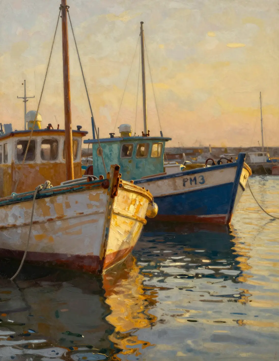 Verwitterte Fischerboote in einem ruhigen Hafen zur goldenen Stunde