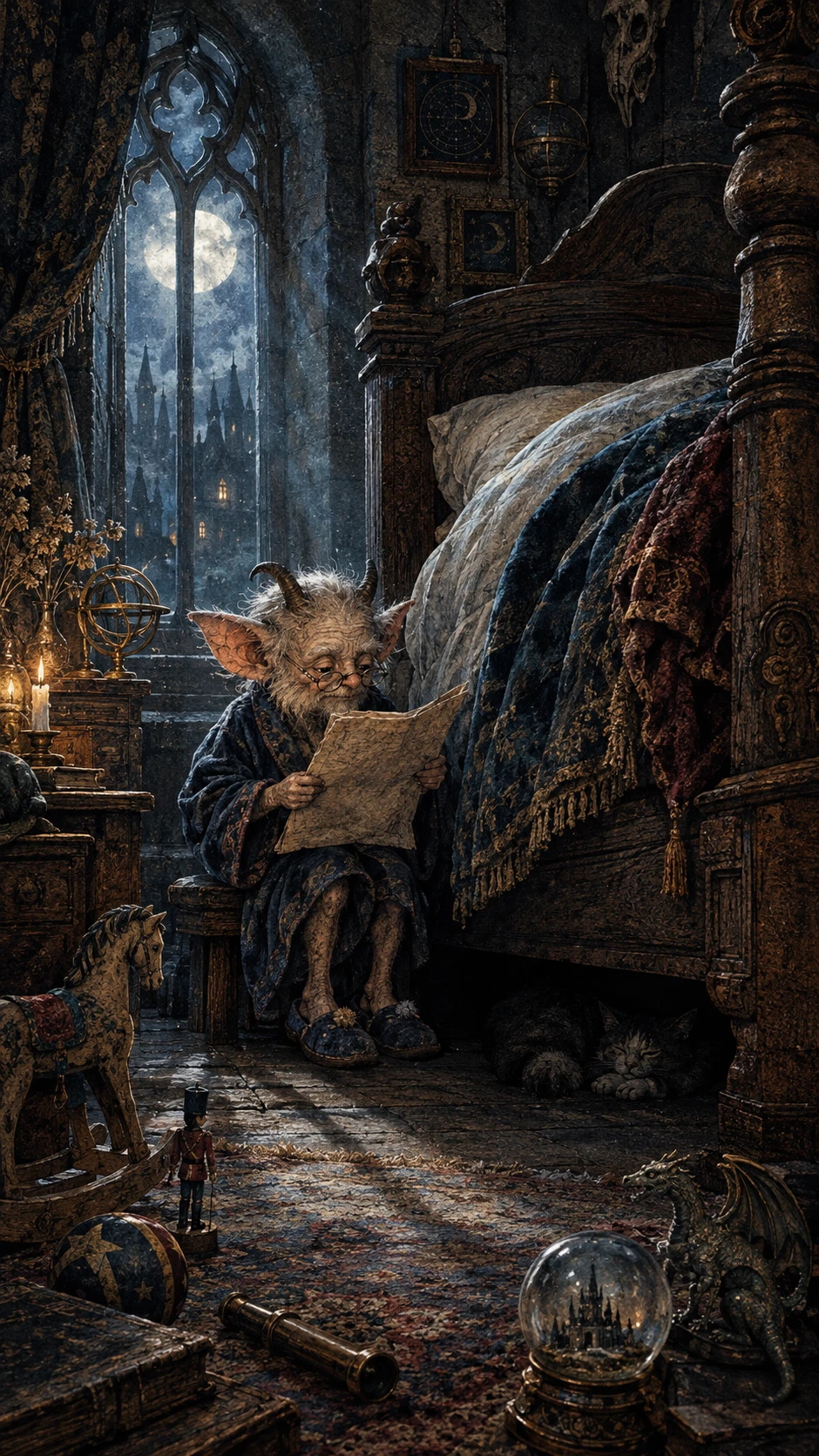 Um minúsculo monstro com chifres lê um pergaminho ao lado de uma enorme cama antiga