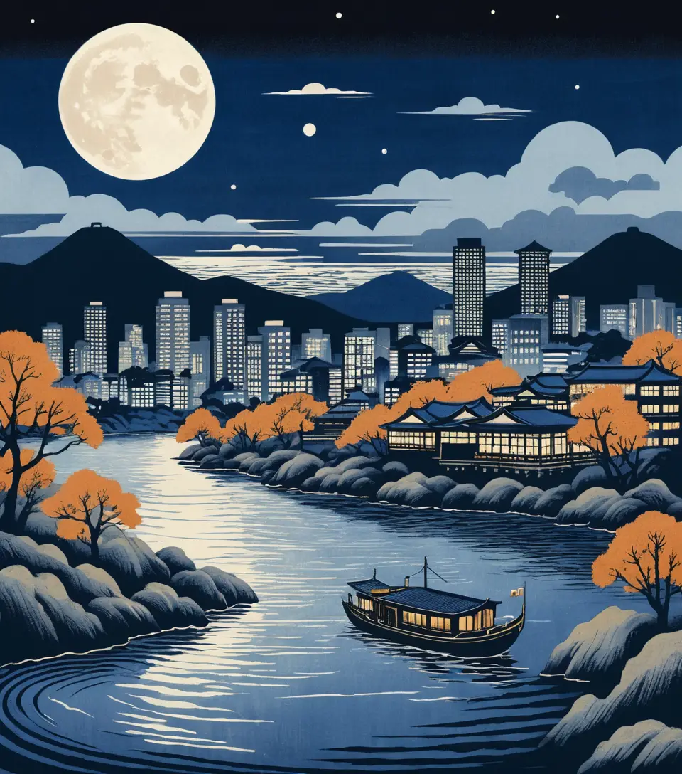 Eine Ukiyo-e-Stadtansicht zeigt einen Vollmond über einer Fähre