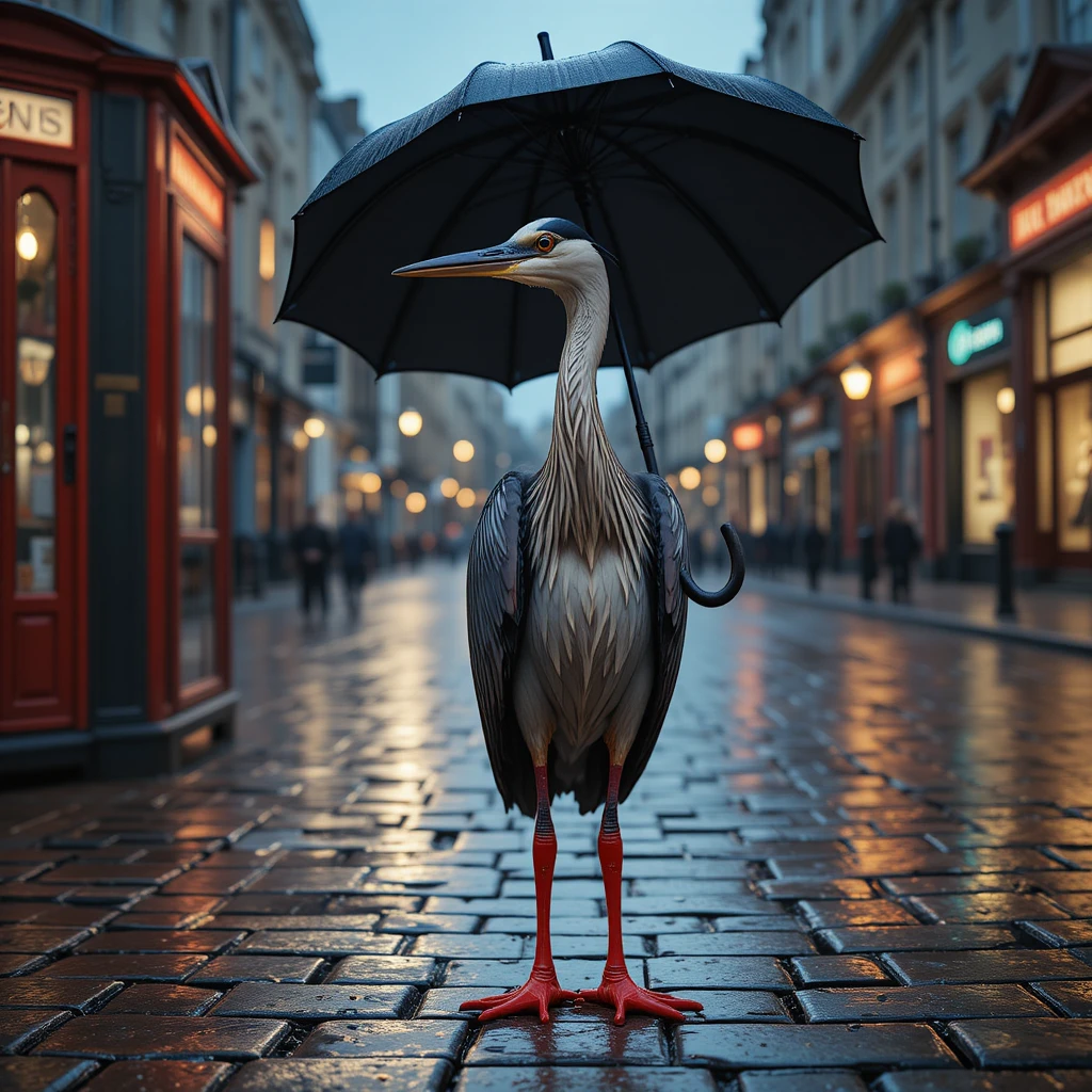 Uma garça com botas de chuva vermelhas está sob um guarda-chuva minúsculo em uma rua de Londres