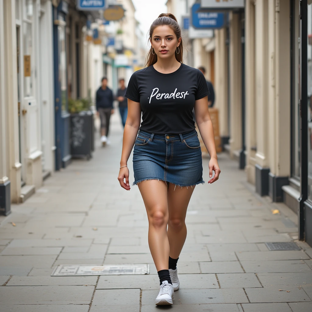 Uma mulher caminha por Hastings com uma camiseta preta e uma saia de ganga