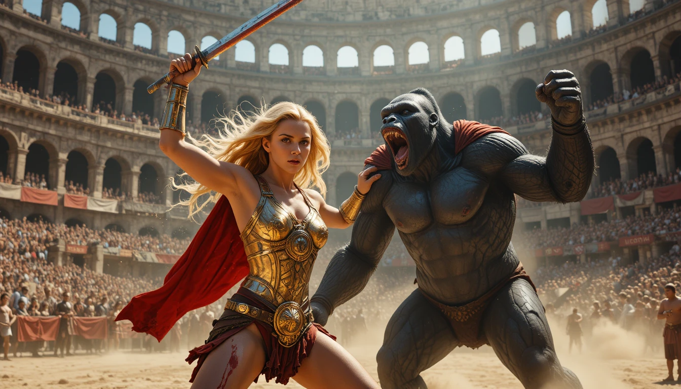 Uma gladiadora loira luta na arena do Coliseu Romano