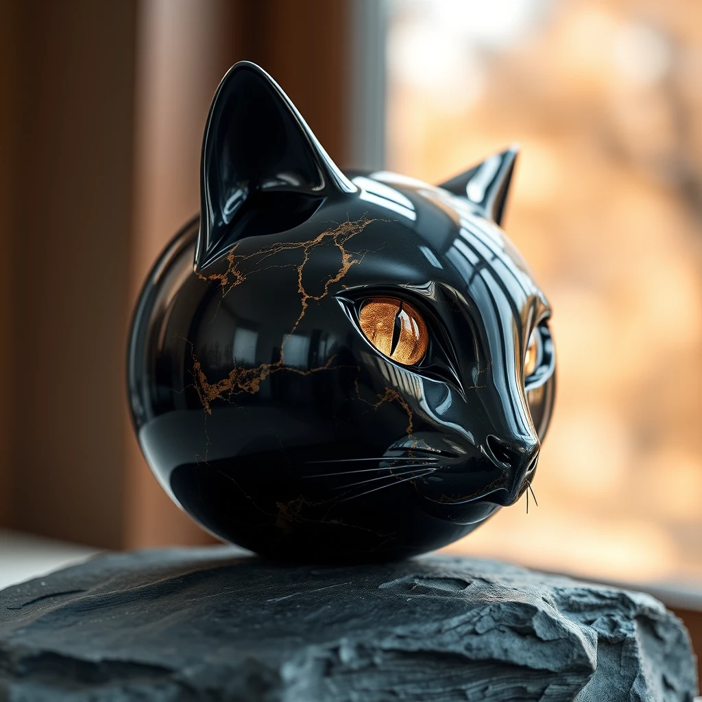 Uma escultura polida de gato preto com olhos âmbar repousa sobre ardósia escura