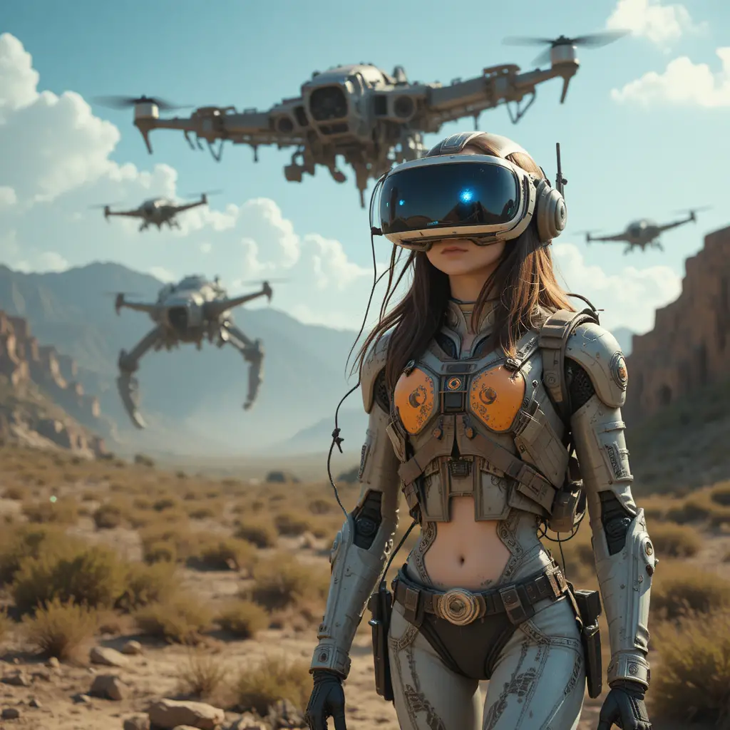 Pessoas isoladas em capacetes de realidade virtual em meio a uma batalha de drones