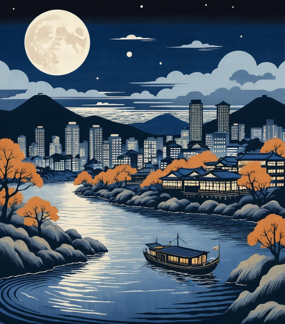 Eine Ukiyo-e-Stadtansicht zeigt einen Vollmond über einer Fähre
