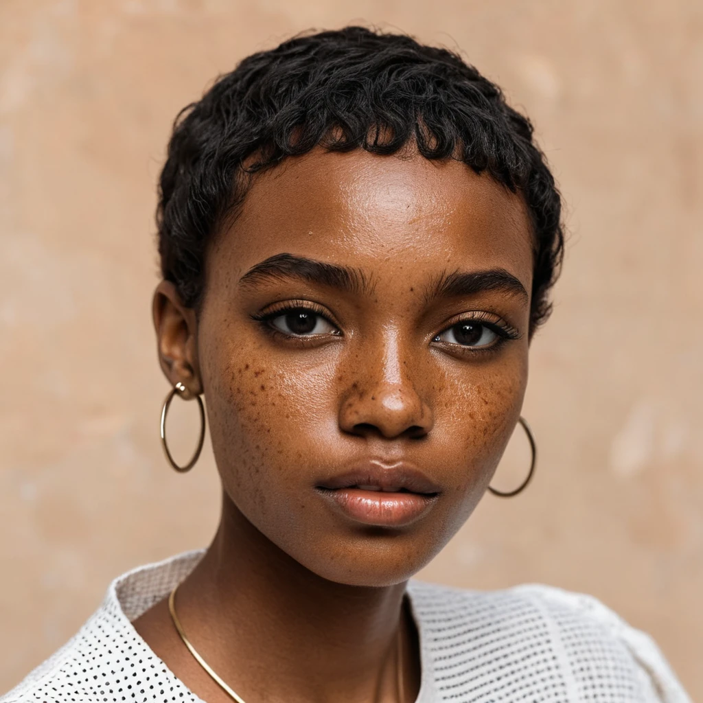 Close-up do rosto da modelo da Nigéria Akora Bello, com sardas