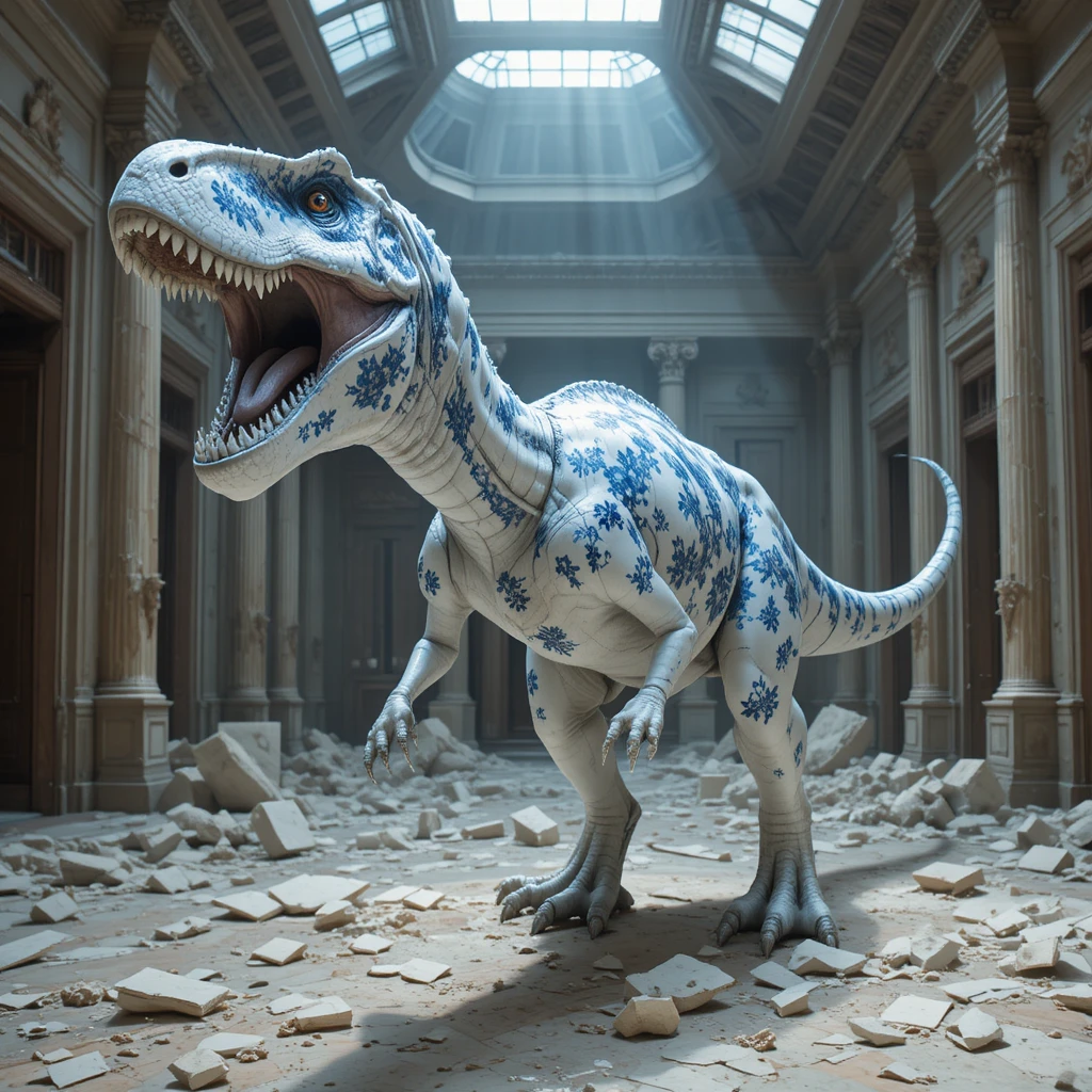 Um tiranossauro de porcelana ruge numa sala de museu em ruínas, adornada com padrões florais azuis
