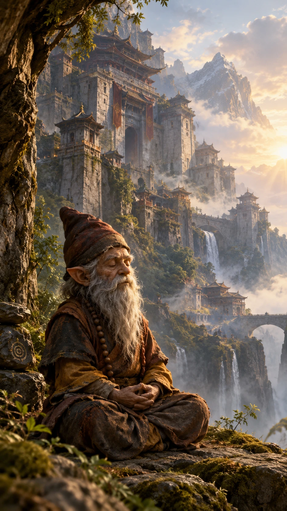 Un moine gnome en méditation devant un ancien monastère