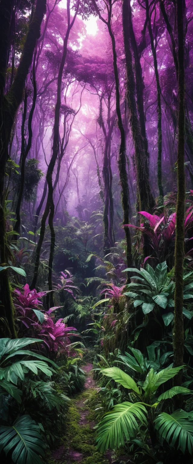 Una fitta giungla fantasy viola e rosa, di cui si vedono solo le cime degli alberi