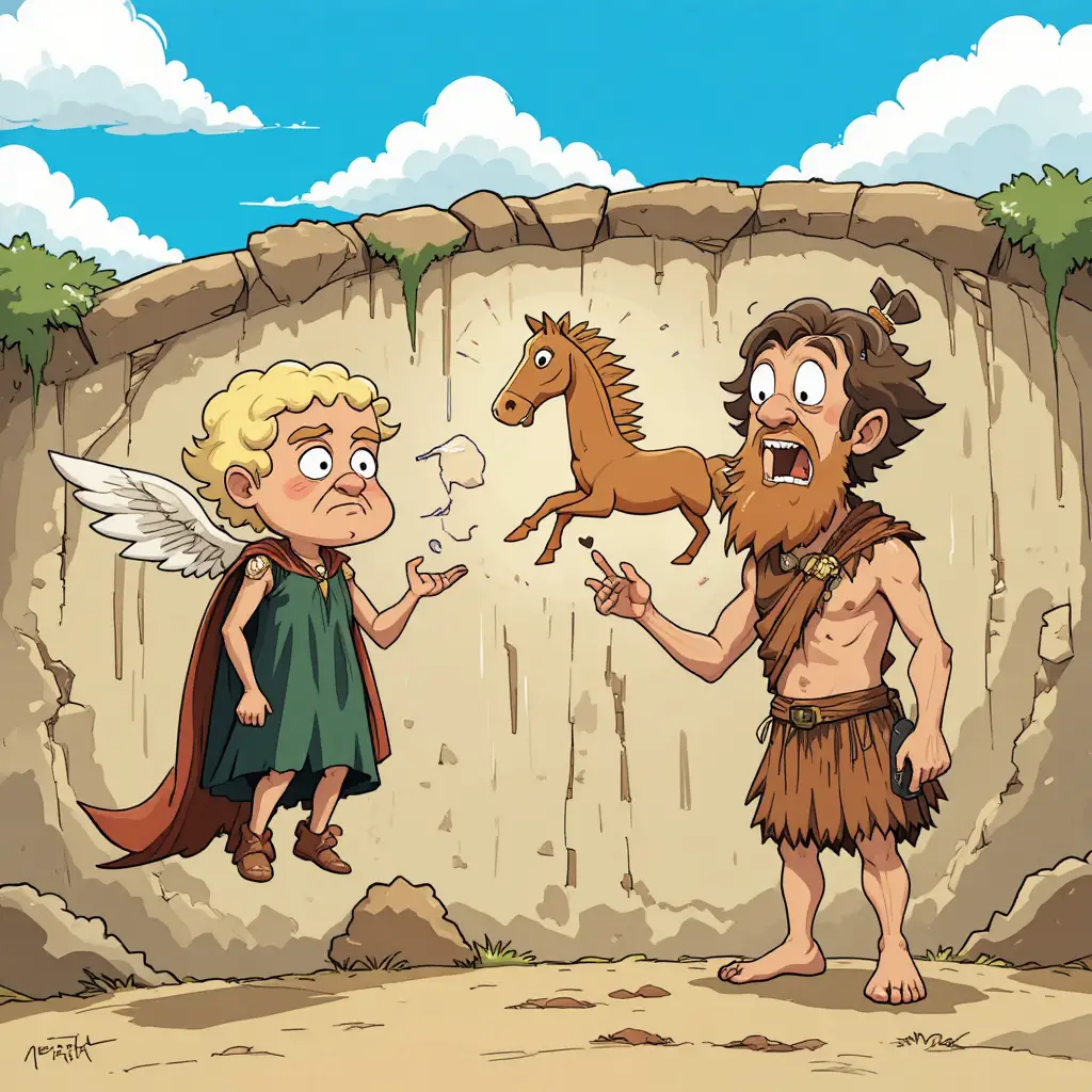 A grumpy angel meets a bewildered caped hero above the clouds