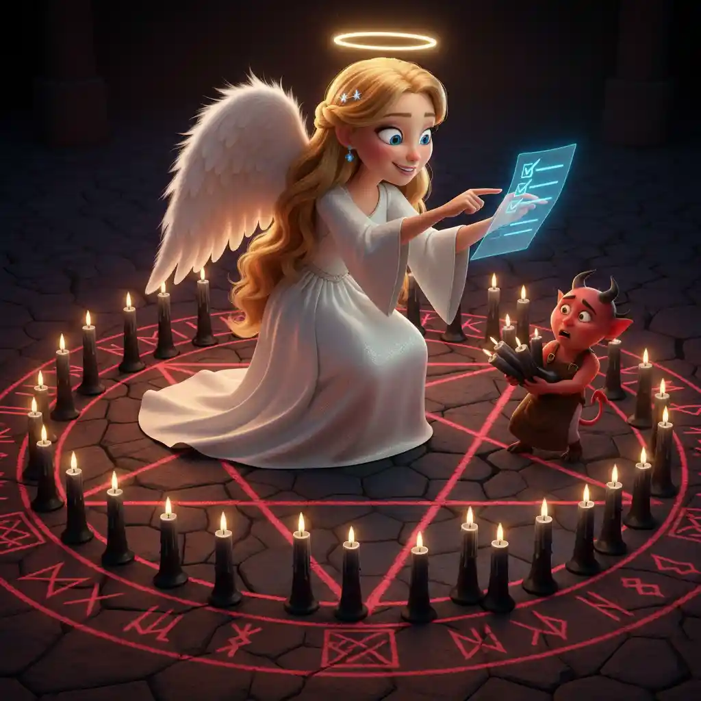 A blonde angel carefully arranges candles around a ritual circle