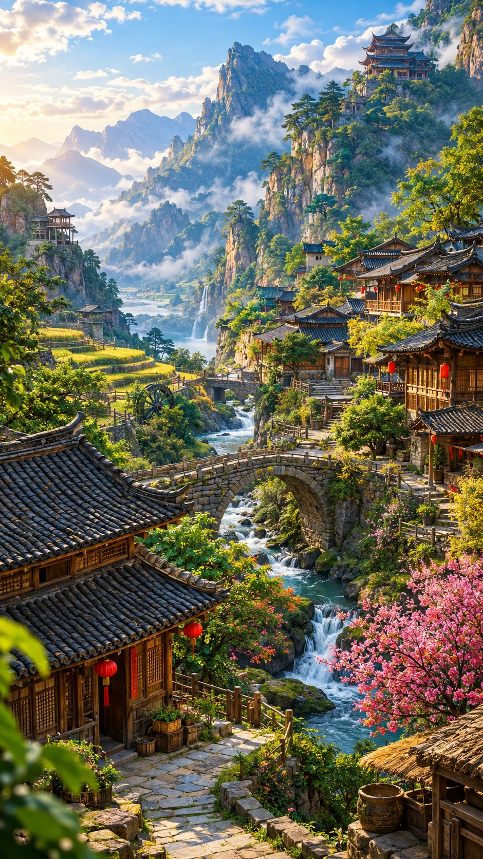 Un village chinois de montagne du XVIIe siècle en illustration numérique