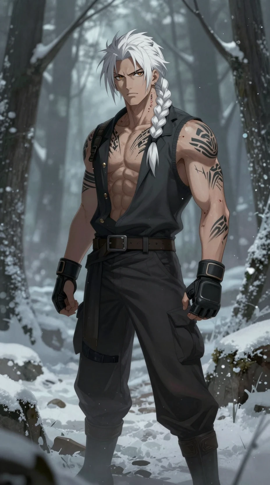 An anime warrior stands in a serene winter forest
