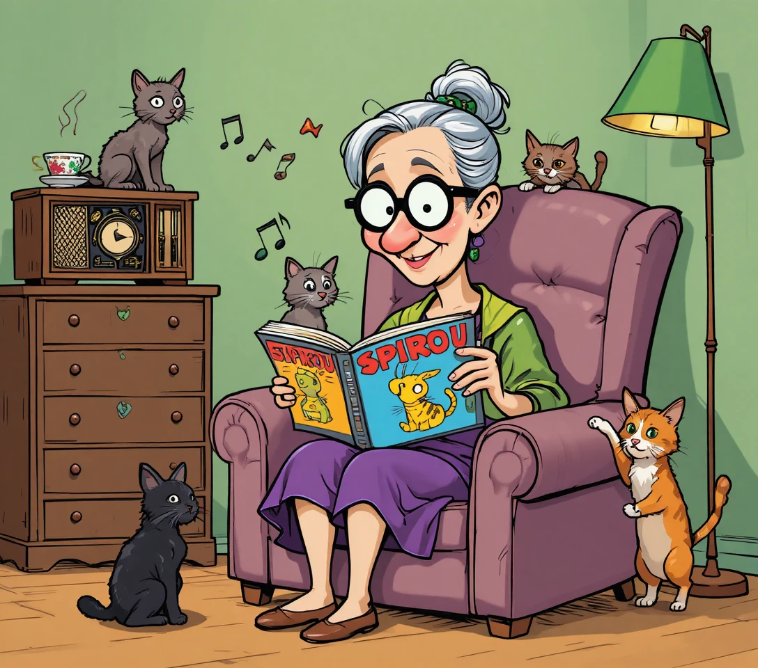 Una anciana alegre lee un cómic en su sillón