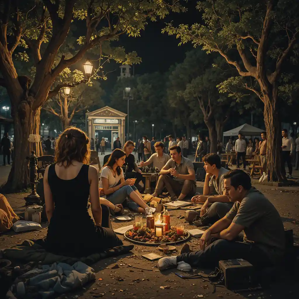 Un parque nocturno con una mezcla singular de personas