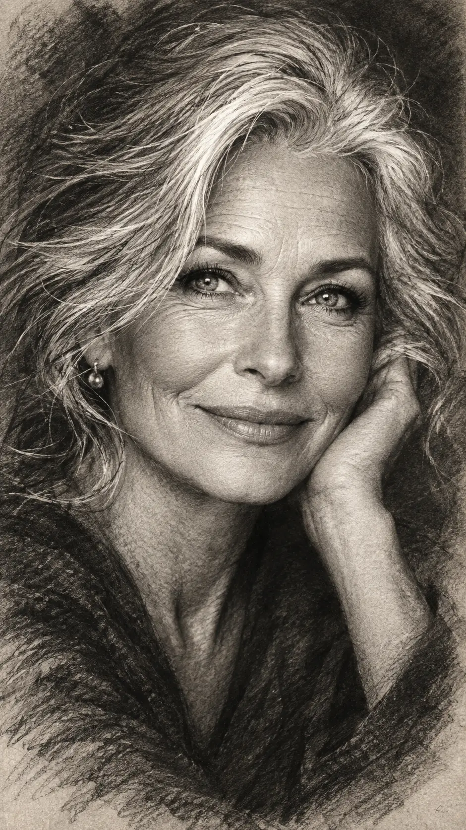 A silver-haired older woman smiles in an expressive charcoal portrait