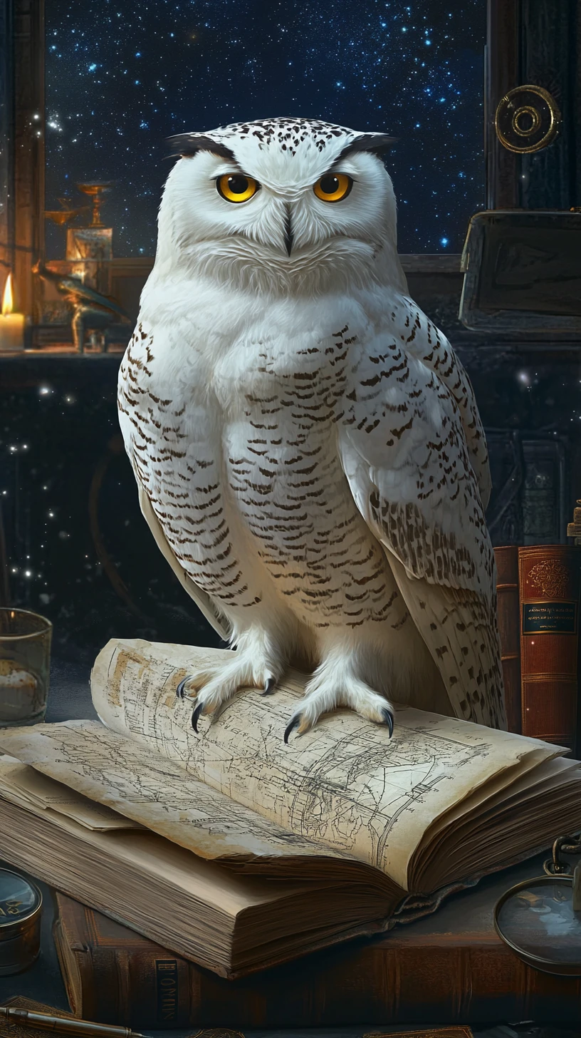 Un gufo delle nevi appollaiato su un libro aperto sotto un cielo stellato