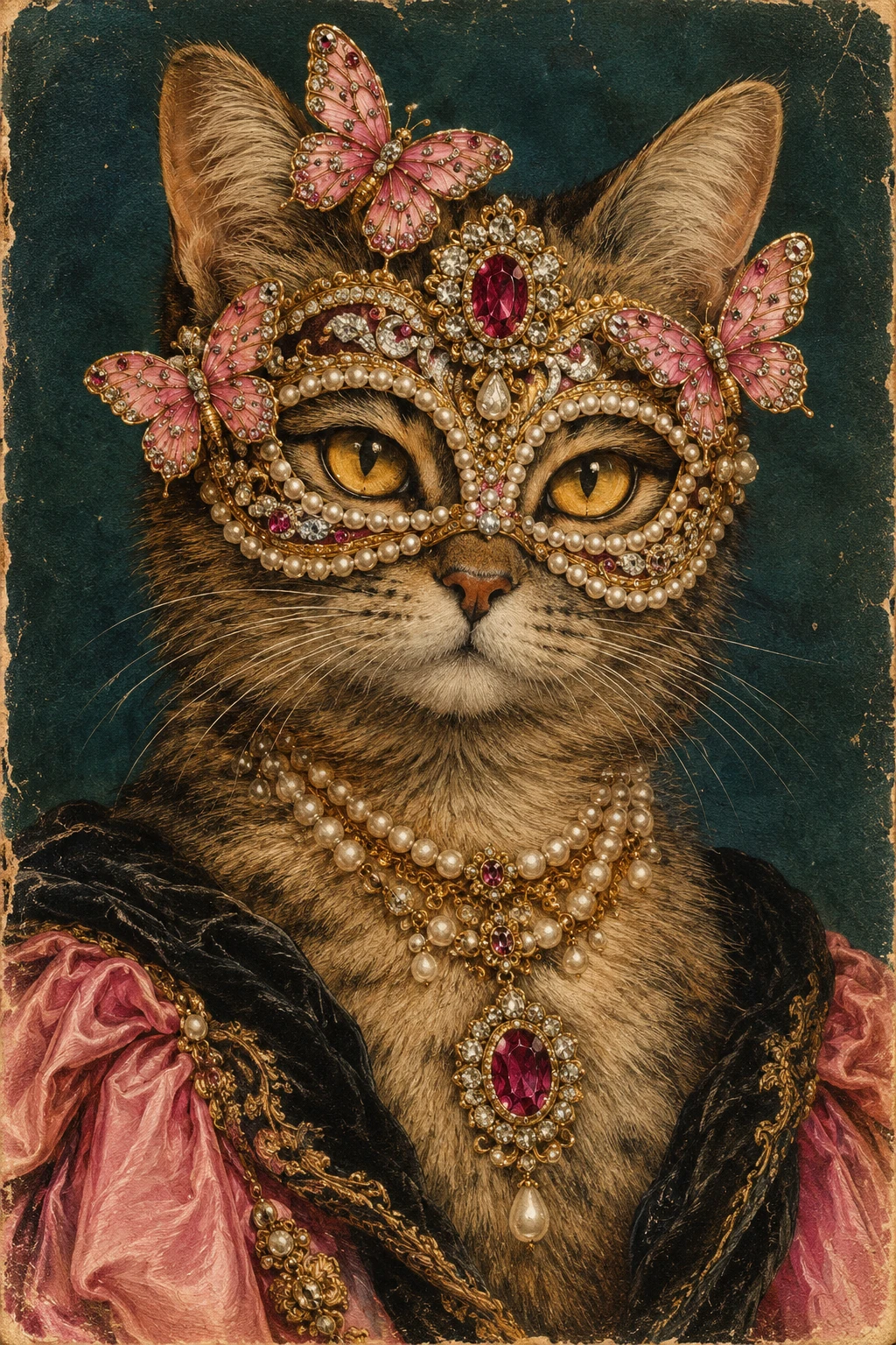 Retrato de um gato em baile de máscaras, adornado com joias, borboletas e uma máscara elaborada de rubi