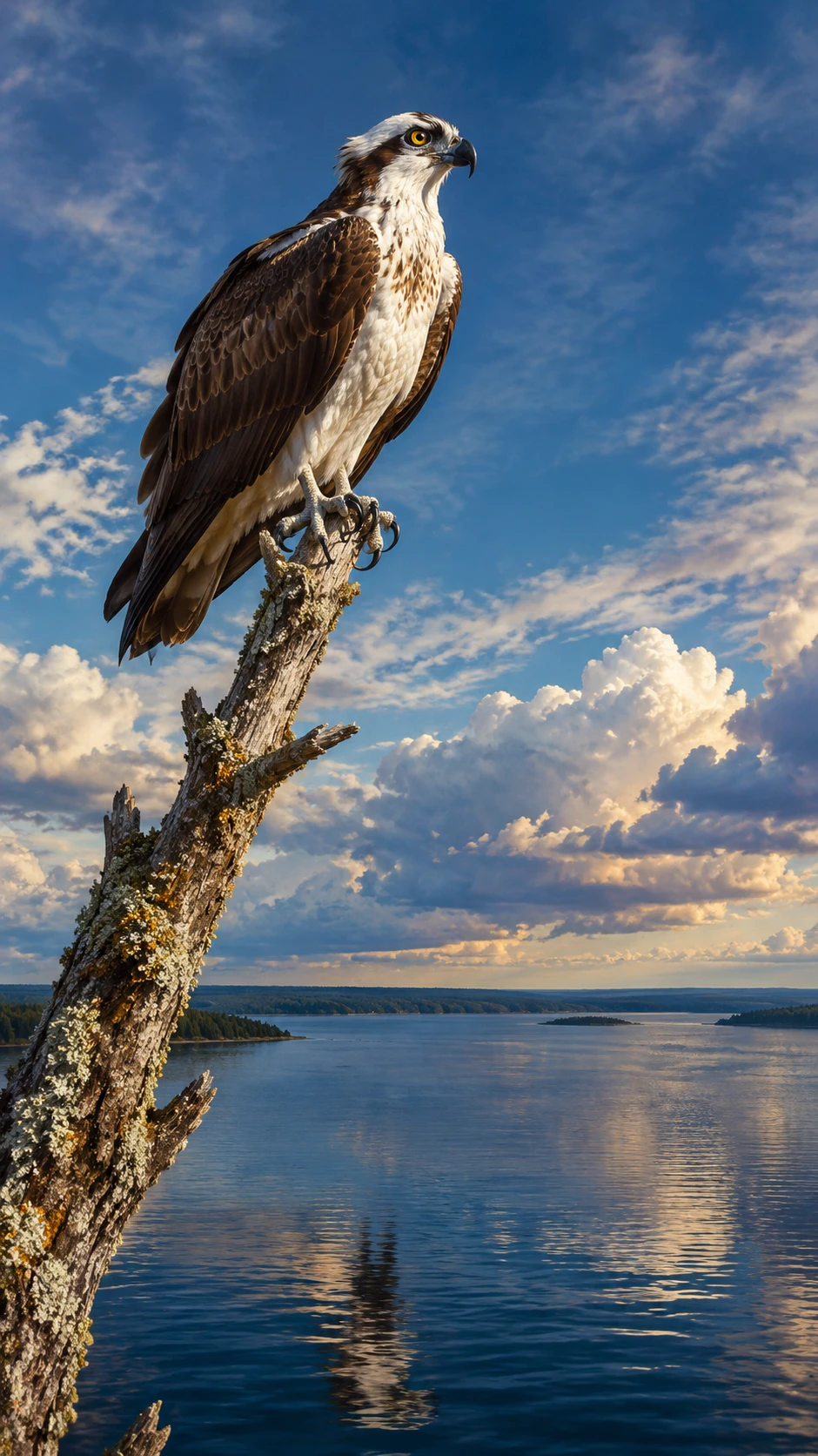 Un águila pescadora posada en una rama envejecida sobre un vasto lago