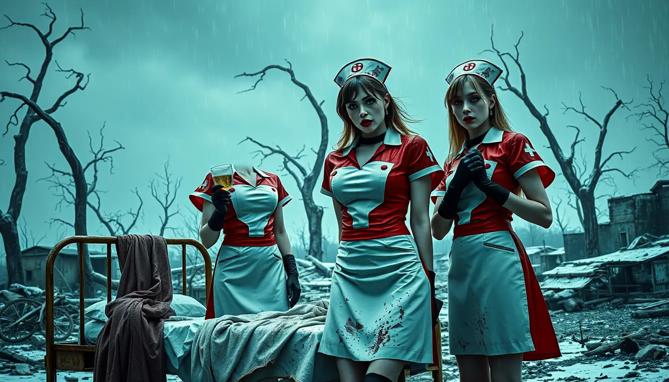 Drei Gothic-Krankenschwestern stehen in einer verregneten Einöde von Tschernobyl