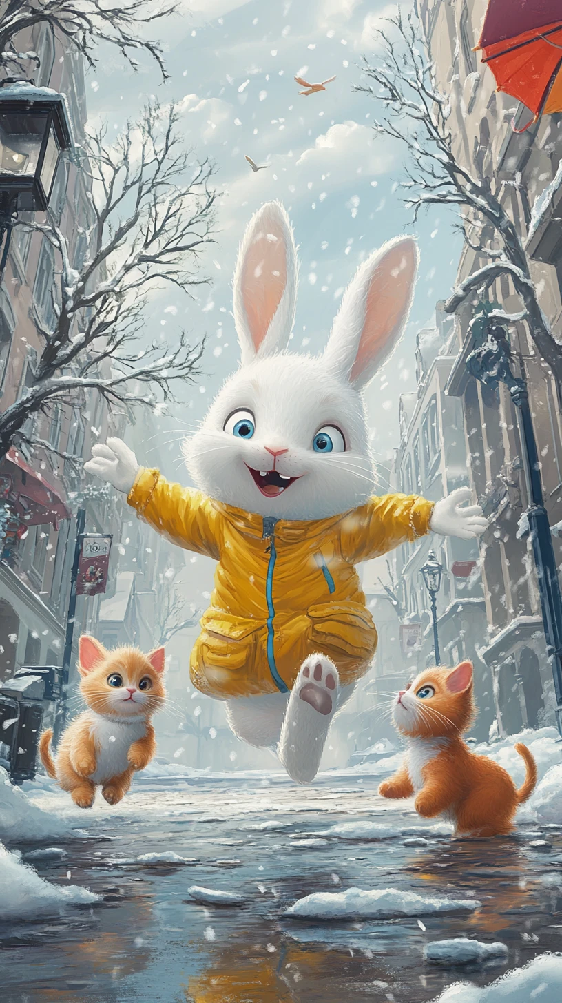 Un lapin joyeux en veste jaune avance à grands pas dans une rue enneigée