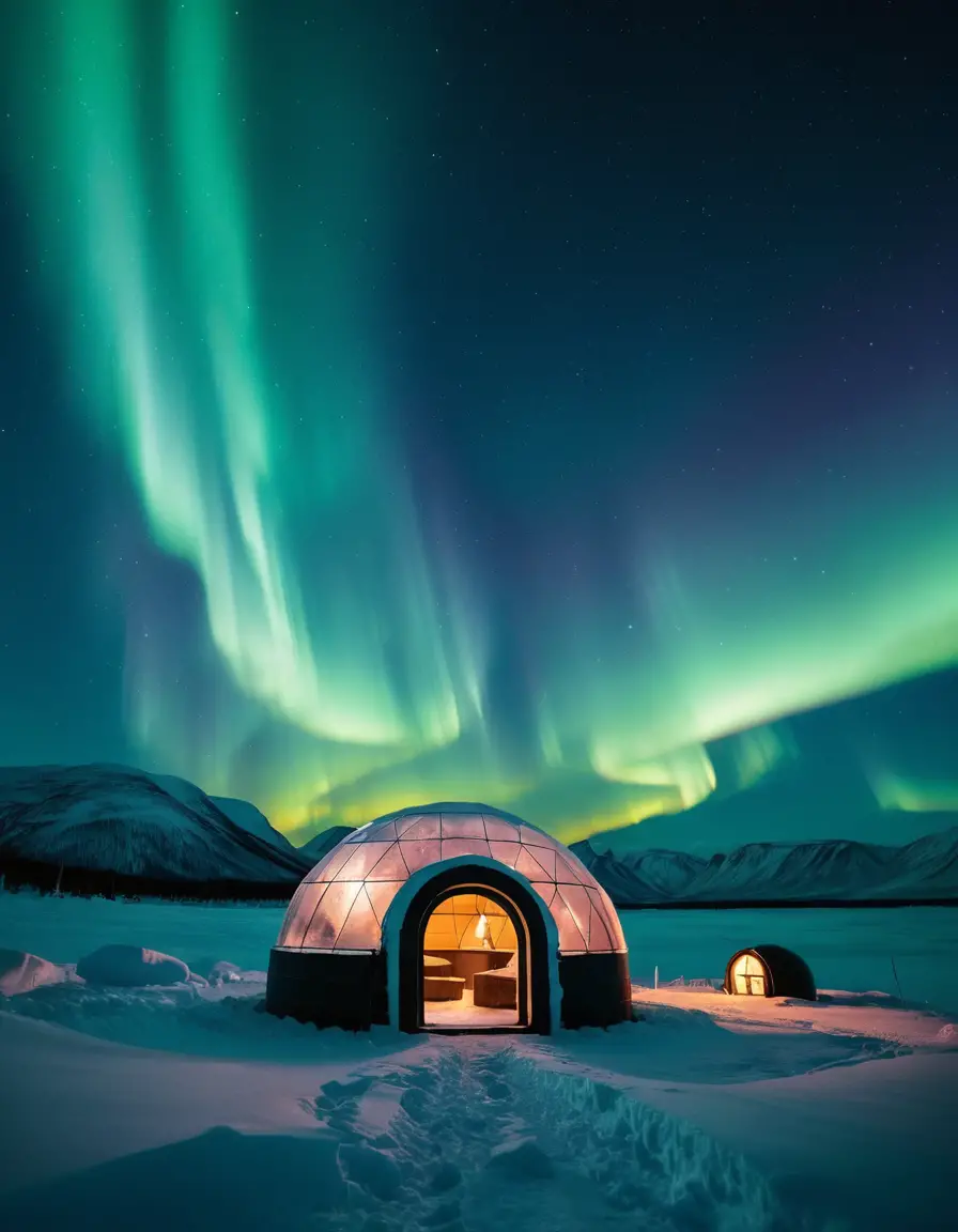 Auroras boreais cintilantes coroam uma paisagem nevada com um iglu