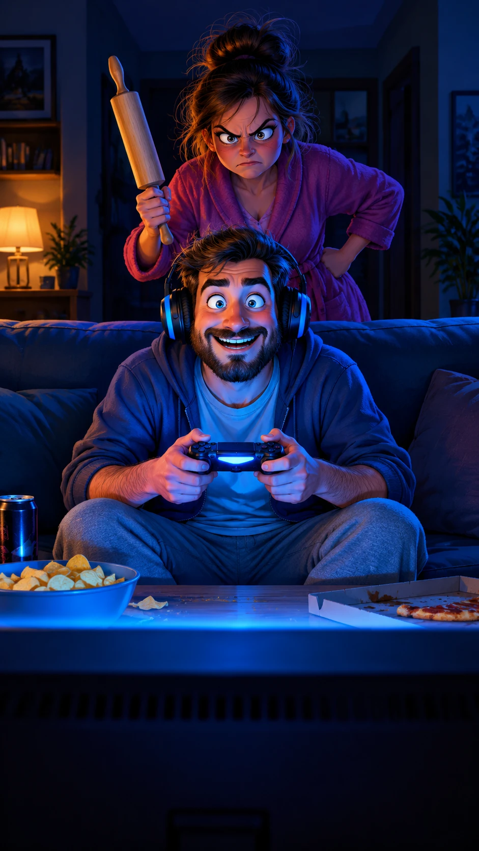 Um homem descontraído joga videojogos enquanto a mulher, furiosa, está de pé atrás dele