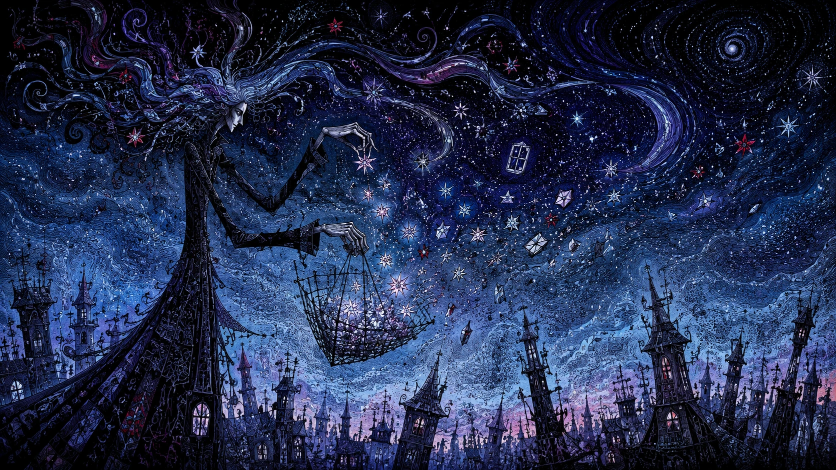 Une figure fantastique recueille des étoiles lumineuses sous un vaste ciel nocturne