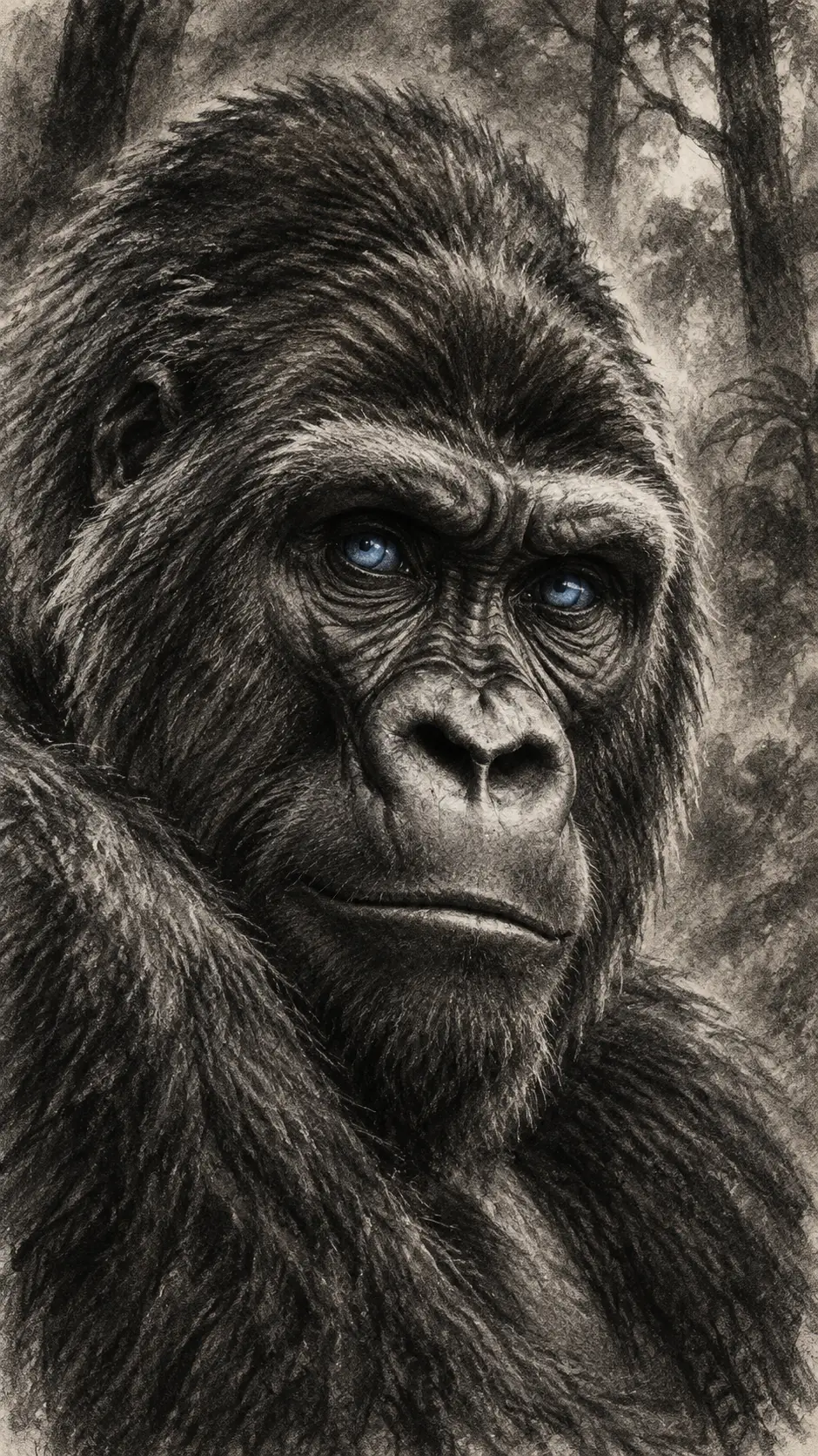 Ausdrucksstarkes Kohleporträt eines wilden Gorillas mit blauen Augen