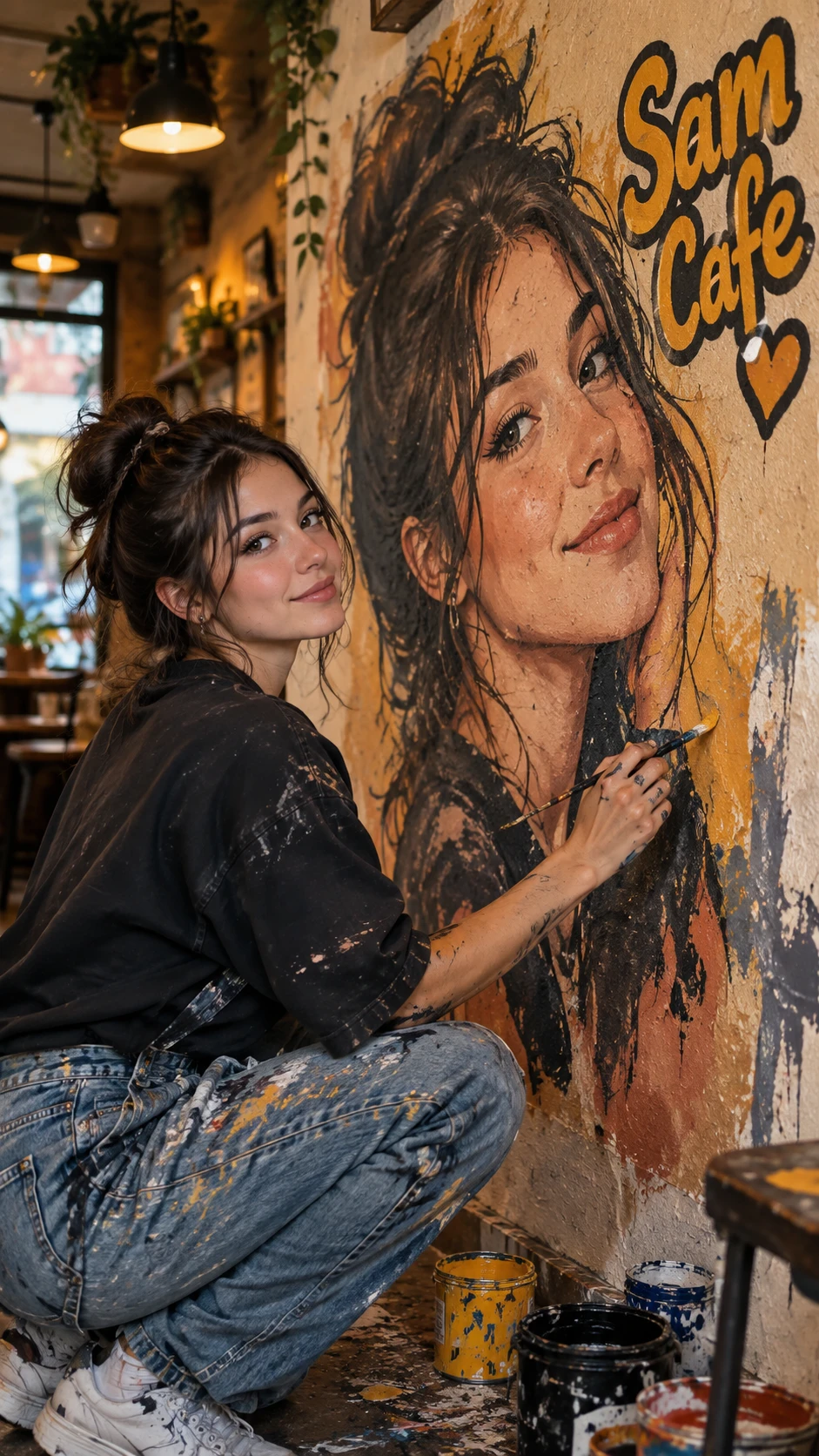Uma rapariga pinta o próprio retrato como mural num café acolhedor