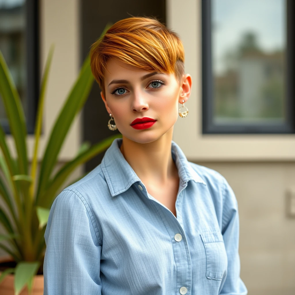 Uma mulher com um macacão de chambray e sandálias brancas