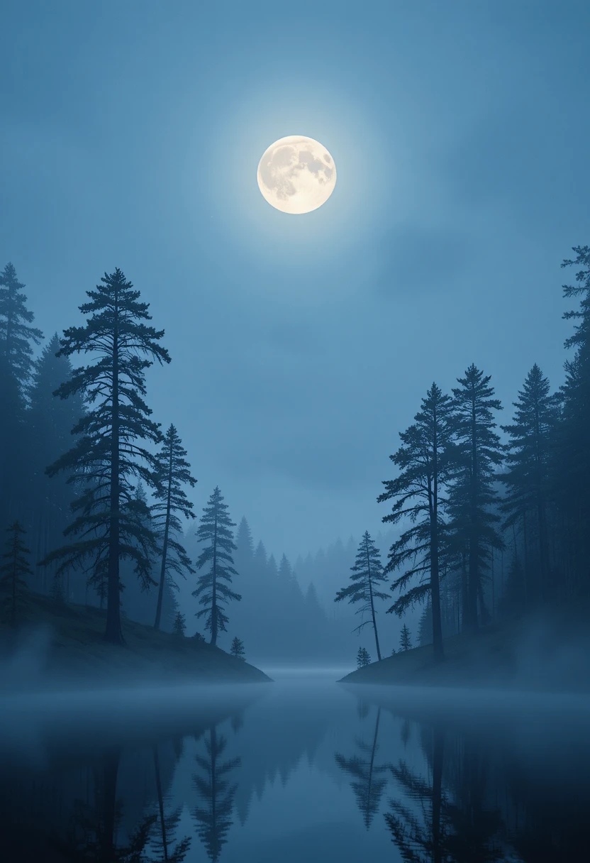 Pins et pleine lune se reflétant dans un lac paisible