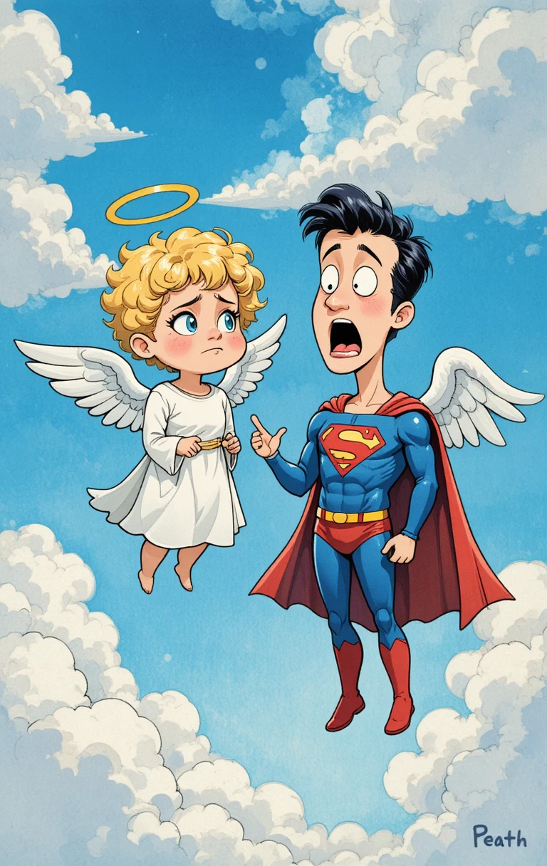 Um anjo e um super-herói alado flutuam entre nuvens num céu divertido