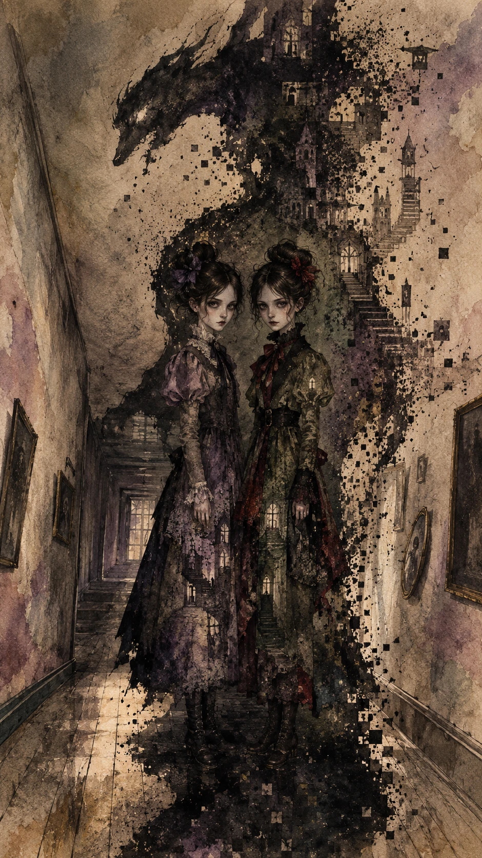 Gothic-Zwillinge stehen regungslos in einem schiefen Flur