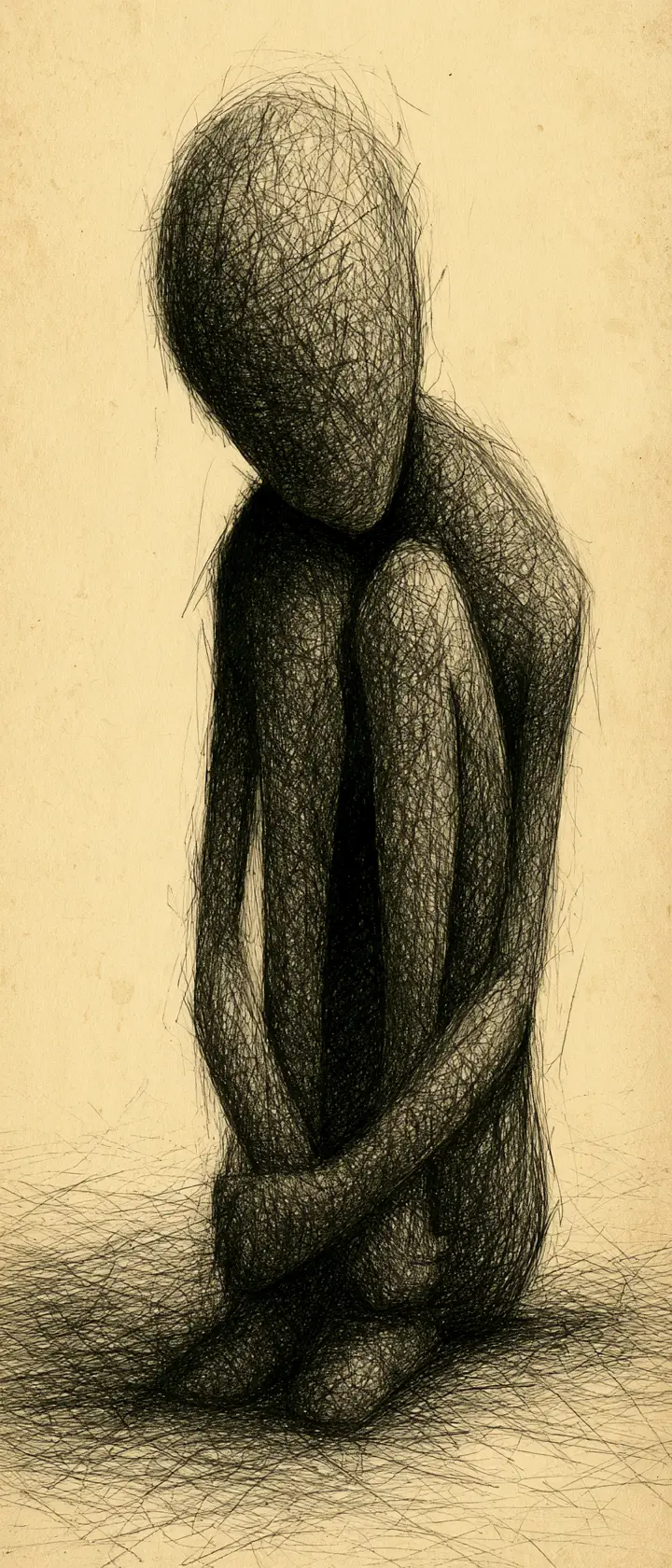 Une silhouette sans visage est assise seule, désespérée, les genoux ramenés contre elle