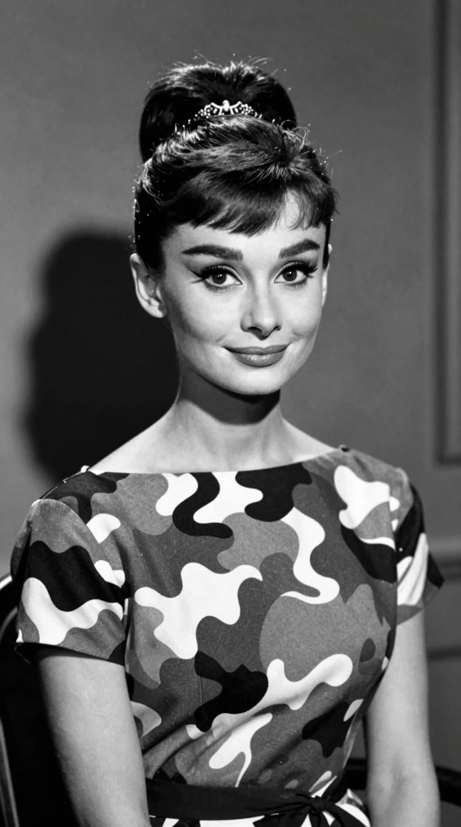Retrato de Audrey Hepburn sorridente com um vestido xadrez